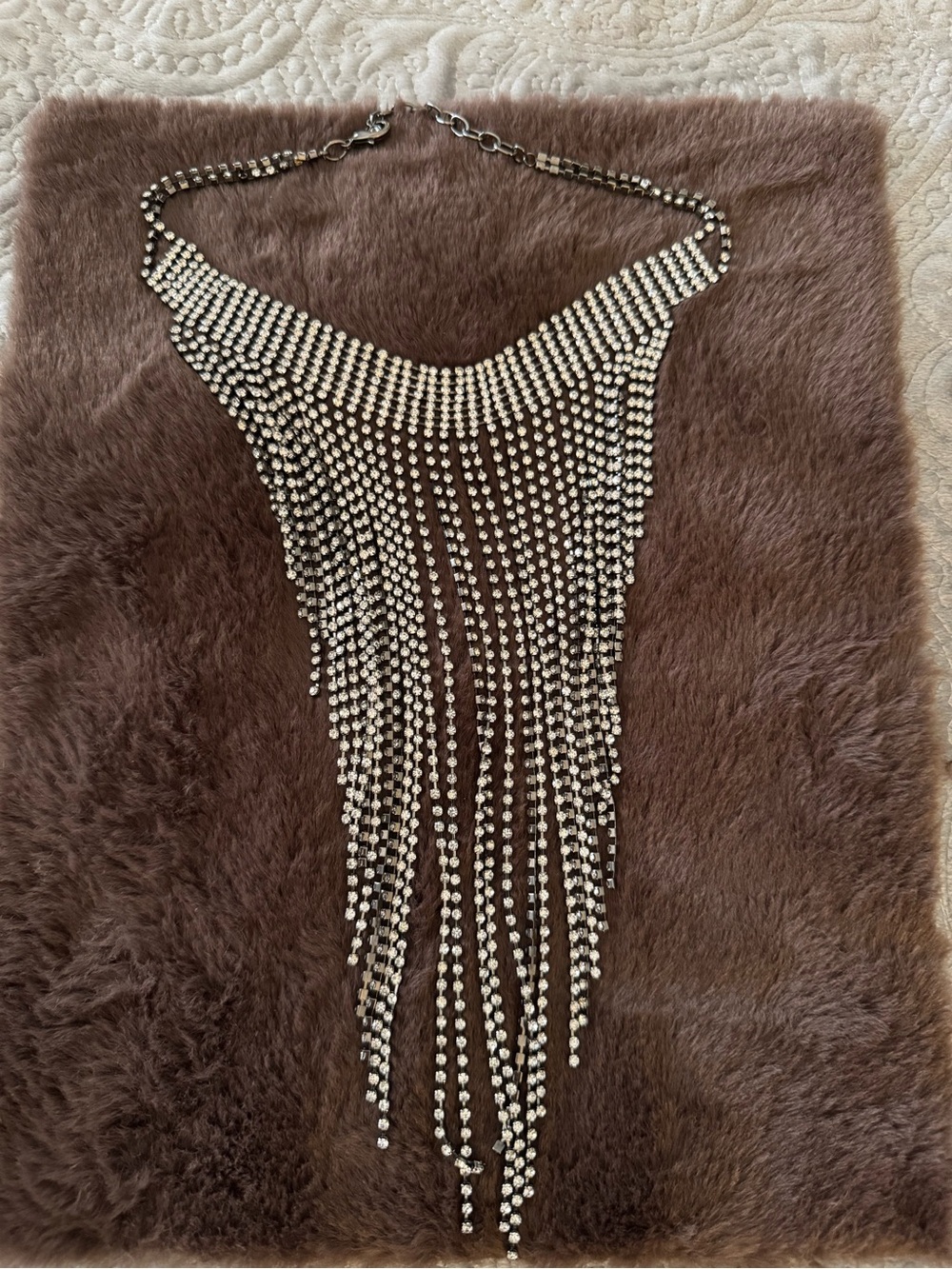 Statement Rhinestone Fringe Bib Necklace in Silver